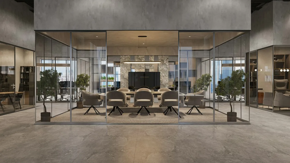 glass partition conference room Glass-walled conference room in an open office