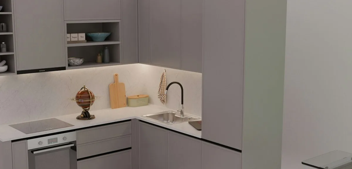 parallel galley modular kitchen Parallel galley modular kitchen with grey cabinets